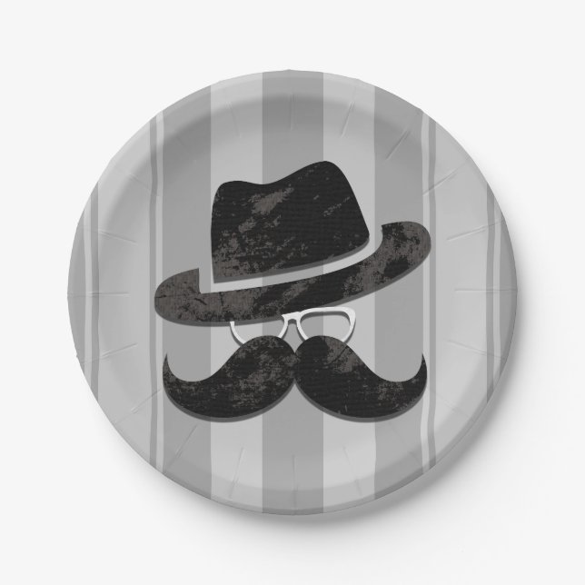 Hipster Mr. Mustache Hat Glasses Birthday Party Paper Plates (Front)