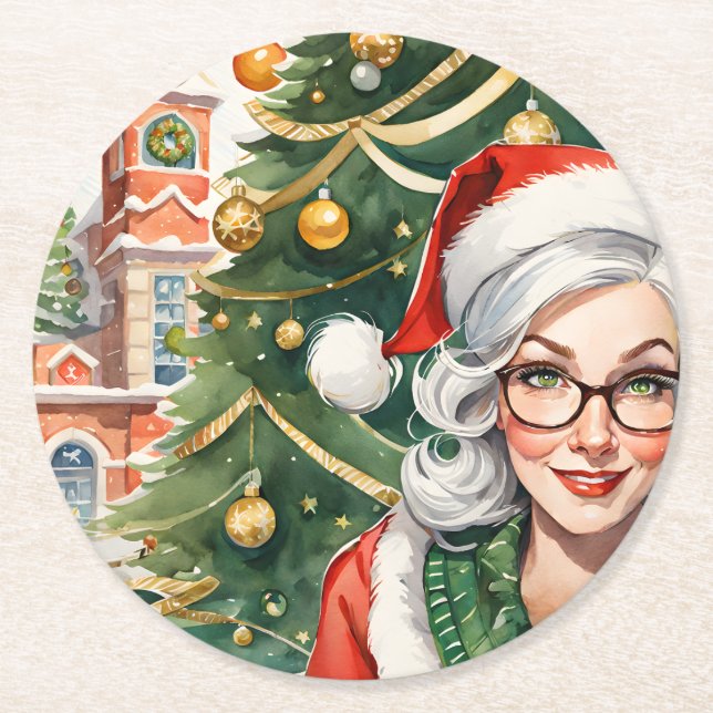 Hipster Mrs. Claus Coaster (Front)