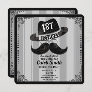 Hipster Mustache Hat Glasses 1st Birthday Party Invitation
