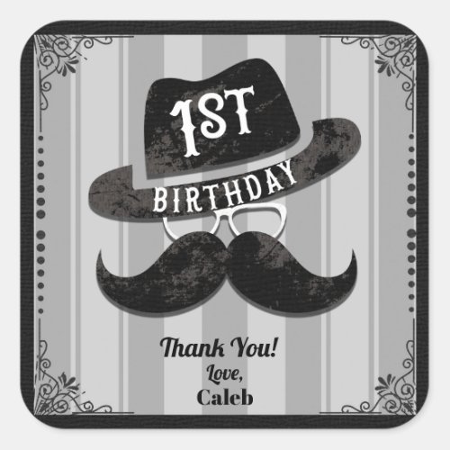 Hipster Mustache Hat Glasses 1st Birthday Party Square Sticker