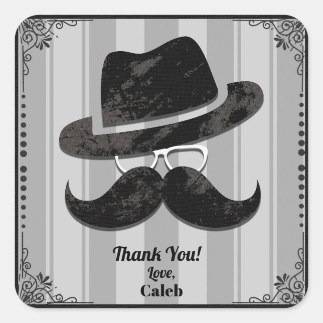 Hipster Mustache Hat Glasses ANY Birthday Party Square Sticker (Front)
