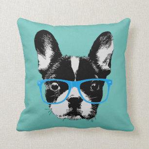 Hipster Nerdy French Bulldog Throw Pillow