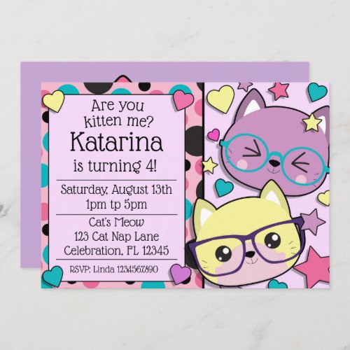 Hipster Nerdy Kitten Cats Girls Birthday Invitation