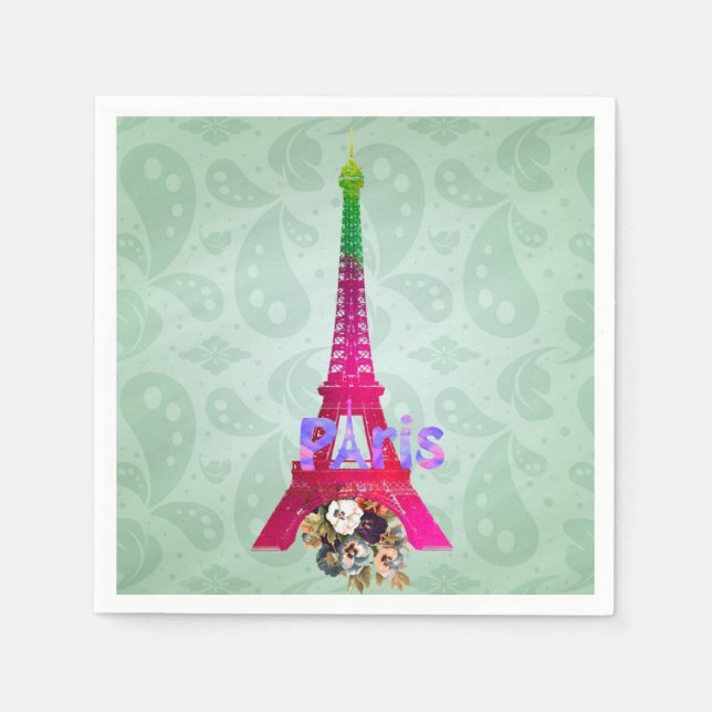 Hipster Paisley Neon French Paris Eiffel Tower Paper Napkins (Front)