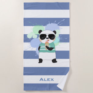 Hipster Panda on Rugby Stripes with Name Beach Towel