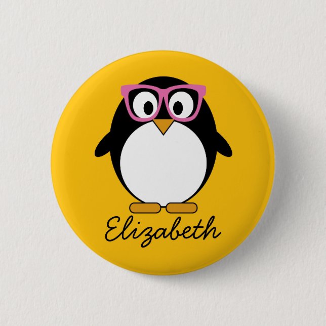 Hipster Penguin - Cute Cartoon Yellow Pink Button (Front)
