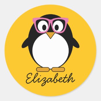 Hipster Penguin - Cute Cartoon Yellow Pink Classic Round Sticker by MyPetShop at Zazzle
