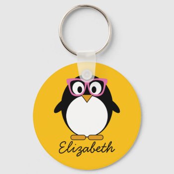 Hipster Penguin - Cute Cartoon Yellow Pink Keychain by MyPetShop at Zazzle