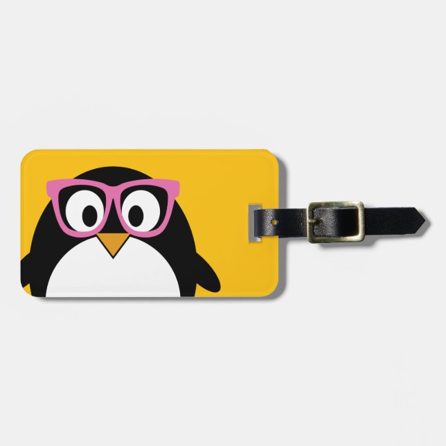 Hipster Penguin - Cute Cartoon Yellow Pink Luggage Tag (Front Horizontal)