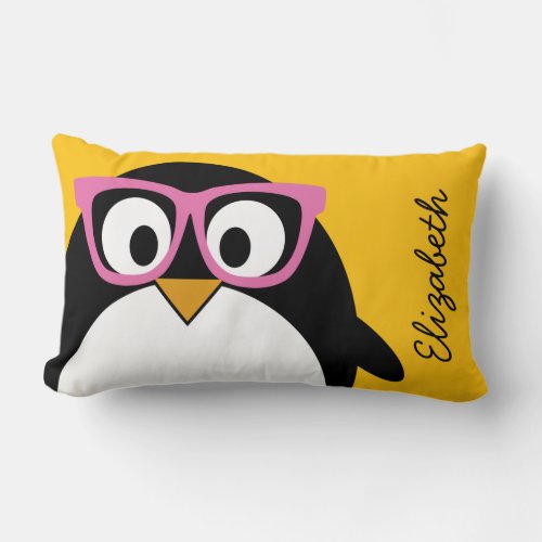 Hipster Penguin _ Cute Cartoon Yellow Pink Lumbar Pillow