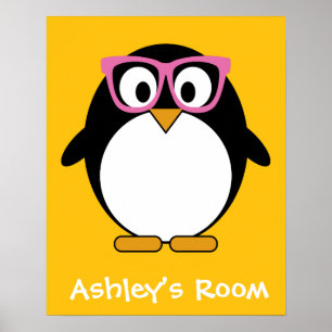 Hipster Penguin - Cute Cartoon Yellow Pink Poster