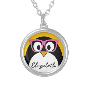 Hipster Penguin - Cute Cartoon Yellow Pink Silver Plated Necklace