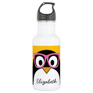 Hipster Penguin - Cute Cartoon Yellow Pink Water Bottle