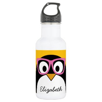 Hipster Penguin - Cute Cartoon Yellow Pink Water Bottle by MyPetShop at Zazzle