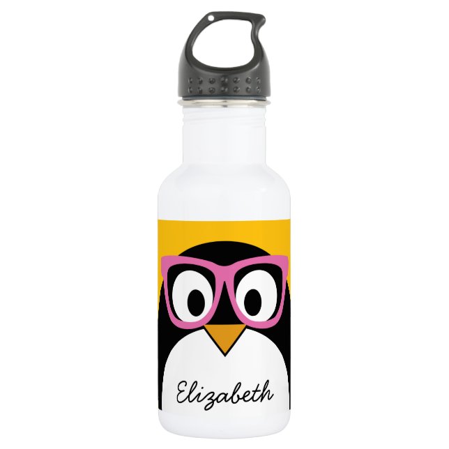 Hipster Penguin - Cute Cartoon Yellow Pink Water Bottle (Front)