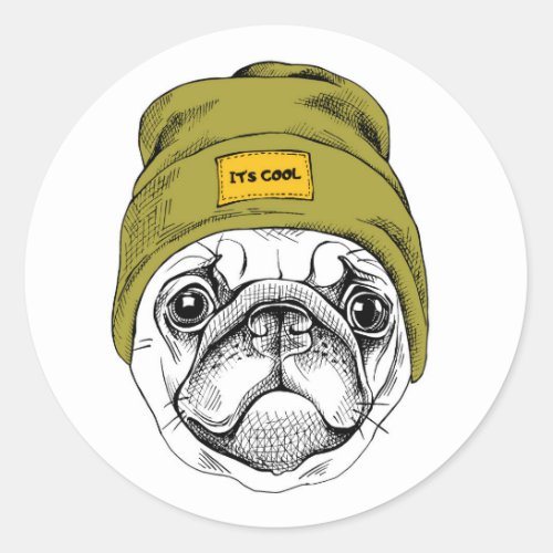 Hipster Pug  Its Cool Classic Round Sticker