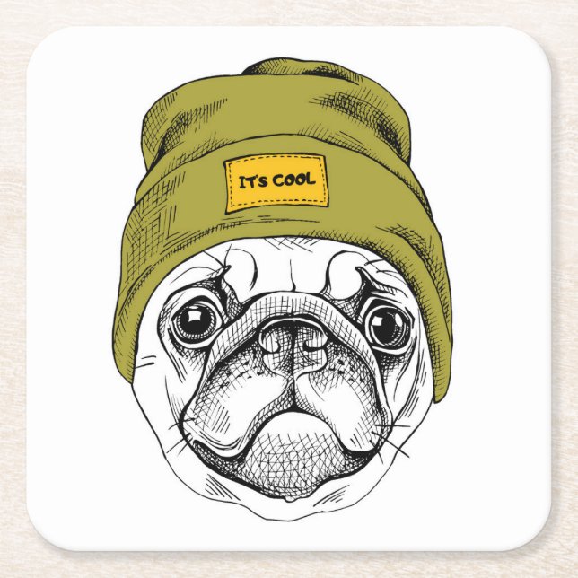 Hipster Pug | It's Cool Square Paper Coaster (Front)