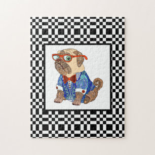 Hipster Pug on Challenging B&W Checkerboard Jigsaw Puzzle