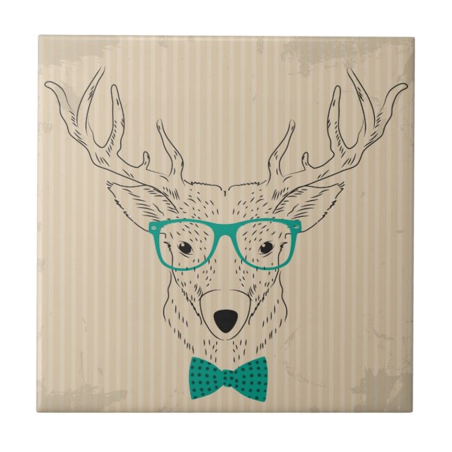 Hipster Reindeer Elk with glasses grungy Christmas Ceramic Tile (Front)