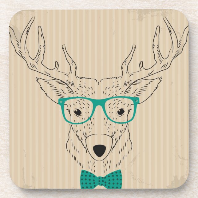Hipster Reindeer Elk with glasses grungy Christmas Drink Coaster (Front)