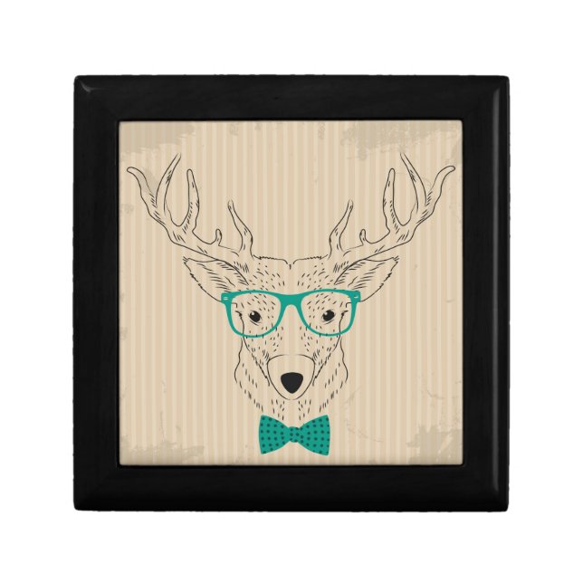 Hipster Reindeer Elk with glasses grungy Christmas Keepsake Box (Front)