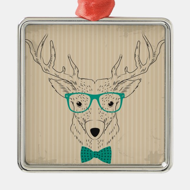 Hipster Reindeer Elk with glasses grungy Christmas Metal Ornament (Front)