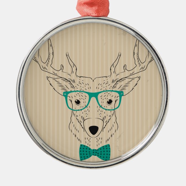 Hipster Reindeer Elk with glasses grungy Christmas Metal Ornament (Front)