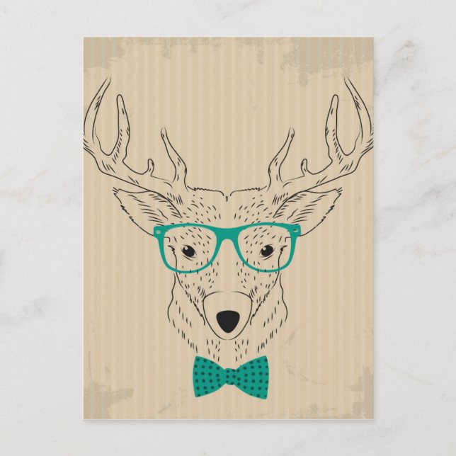 Hipster Reindeer Elk with glasses grungy Christmas Postcard (Front)