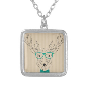 Hipster Reindeer Elk with glasses grungy Christmas Silver Plated Necklace