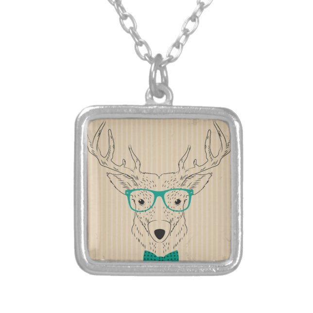 Hipster Reindeer Elk with glasses grungy Christmas Silver Plated Necklace (Front)