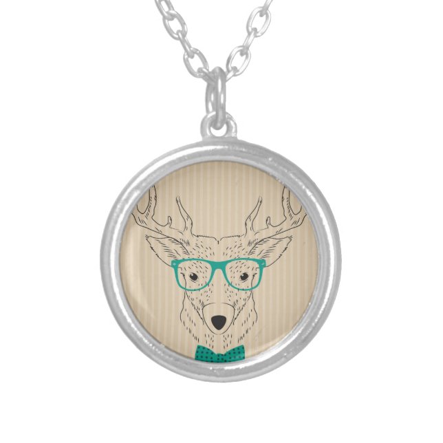 Hipster Reindeer Elk with glasses grungy Christmas Silver Plated Necklace (Front)