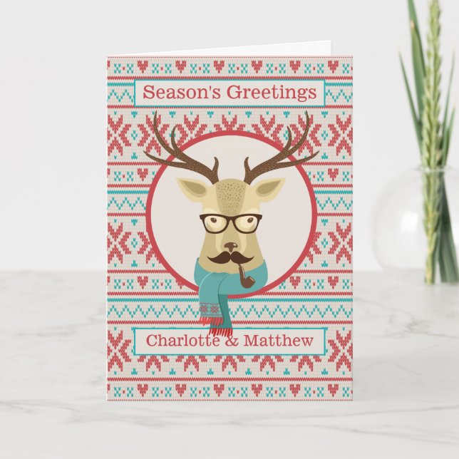 Hipster Reindeer Personalized Christmas Card (Front)