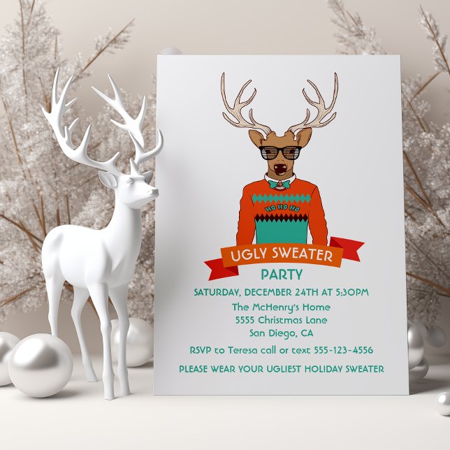 Hipster reindeer ugly christmas sweater party invi invitation (Creator Uploaded)