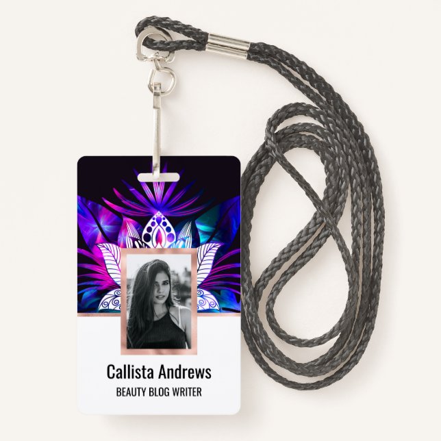 Hipster Retro Tech Teal Purple Lotus Flower Leaf Badge (Front with Lanyard)