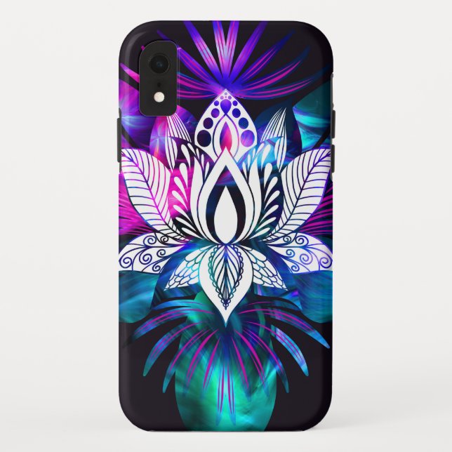 Hipster Retro Tech Teal Purple Lotus Flower Leaf Case-Mate iPhone Case (Back)