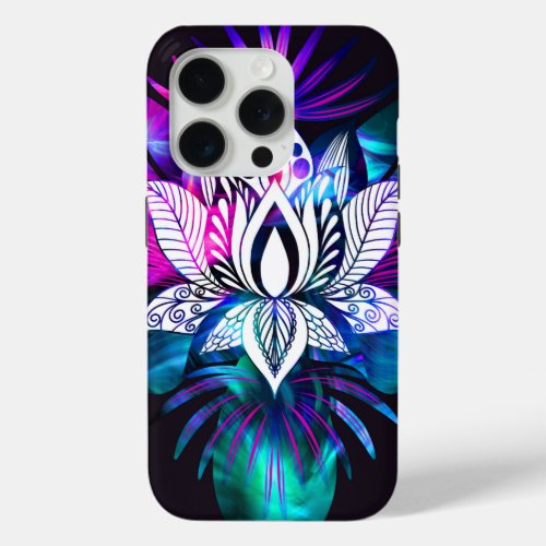 Hipster Retro Tech Teal Purple Lotus Flower Leaf iPhone 15 Pro Case