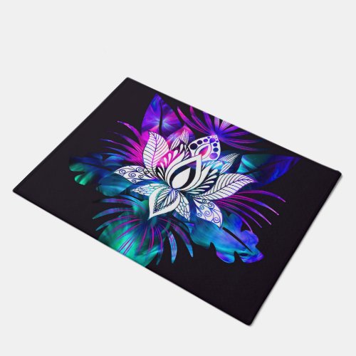 Hipster Retro Tech Teal Purple Lotus Flower Leaf Doormat