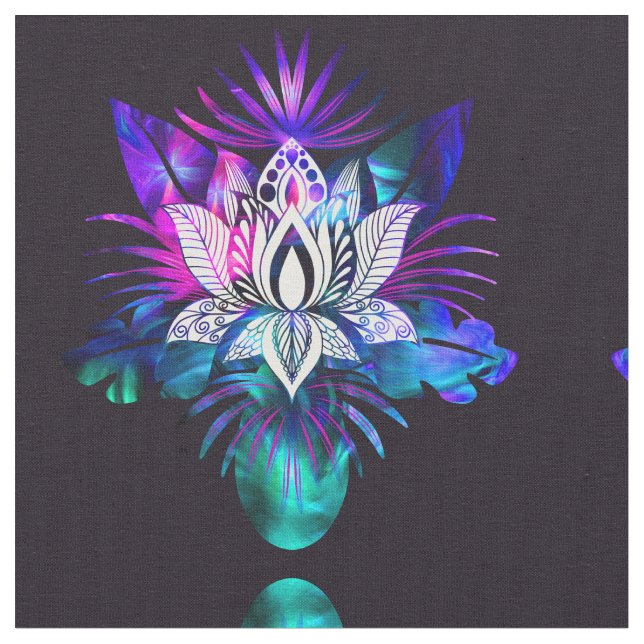 Hipster Retro Tech Teal Purple Lotus Flower Leaf Fabric (Close Up)