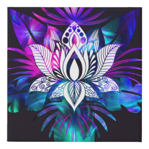 Hipster Retro Tech Teal Purple Lotus Flower Leaf Faux Canvas Print
