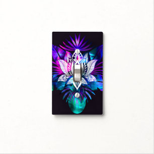 Hipster Retro Tech Teal Purple Lotus Flower Leaf Light Switch Cover