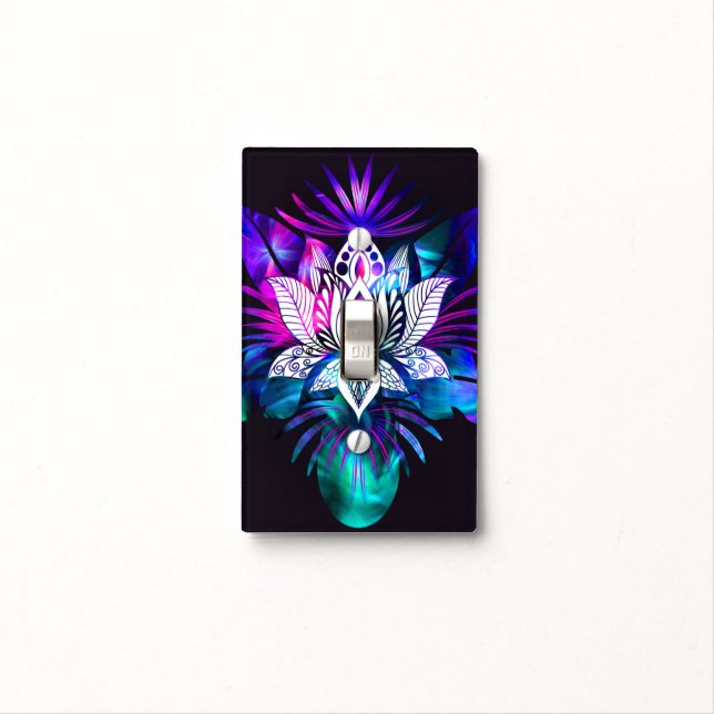 Hipster Retro Tech Teal Purple Lotus Flower Leaf Light Switch Cover (In Situ)
