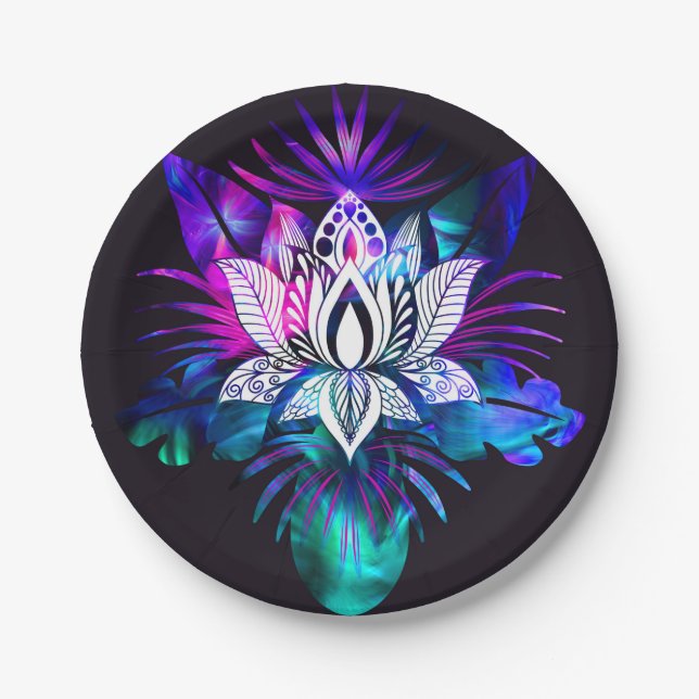 Hipster Retro Tech Teal Purple Lotus Flower Leaf Paper Plates (Front)