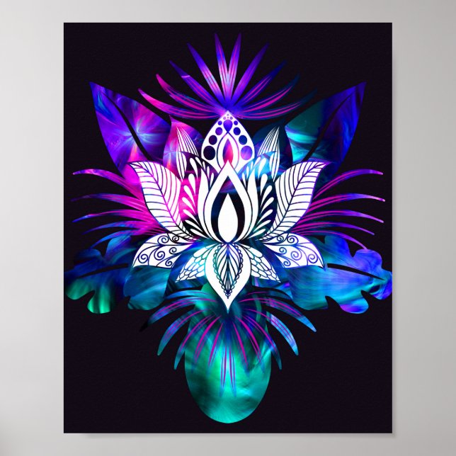 Hipster Retro Tech Teal Purple Lotus Flower Leaf Poster (Front)