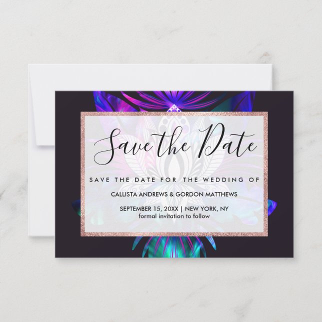 Hipster Retro Tech Teal Purple Lotus Flower Leaf Save The Date (Front)