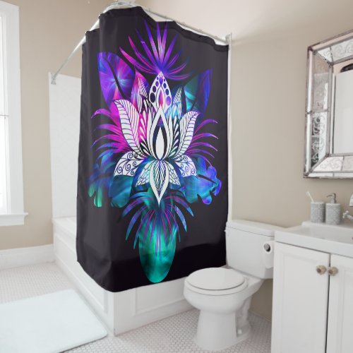 Hipster Retro Tech Teal Purple Lotus Flower Leaf Shower Curtain