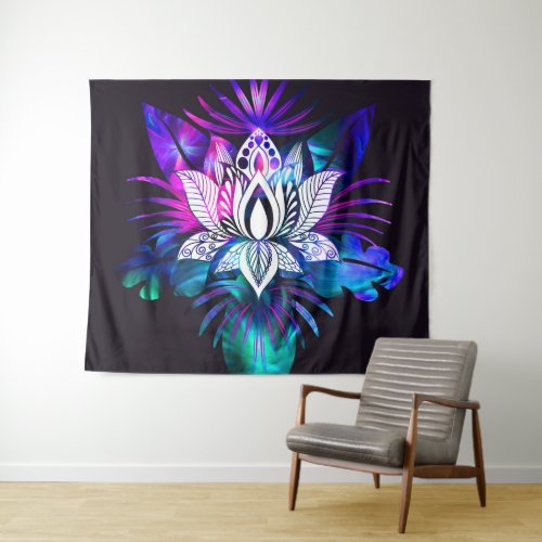 Hipster Retro Tech Teal Purple Lotus Flower Leaf Tapestry