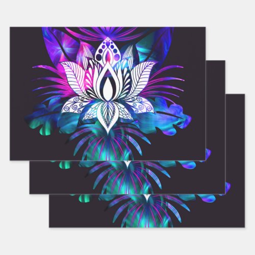 Hipster Retro Tech Teal Purple Lotus Flower Leaf Wrapping Paper Sheets
