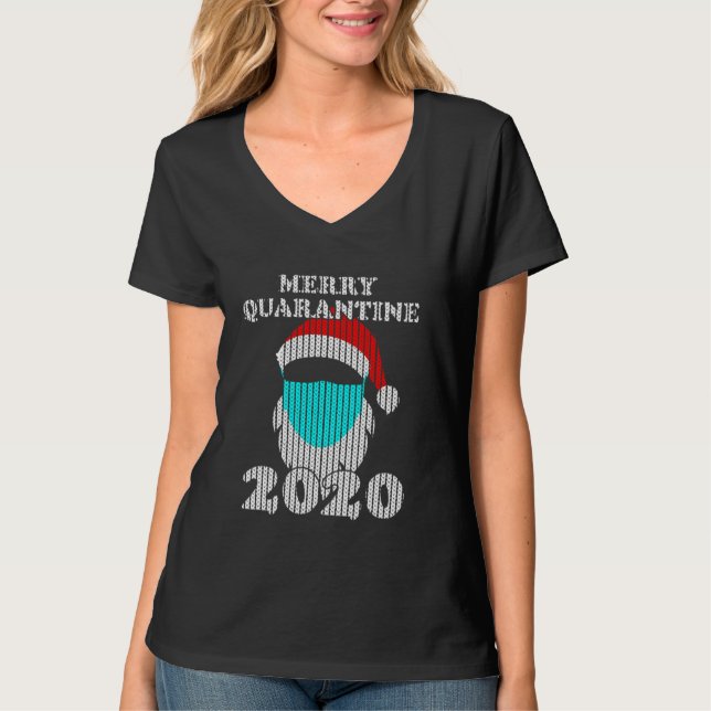 Hipster Santa With Face Mask 2020 Ugly Merry Quara T-Shirt (Front)