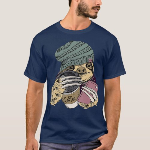 Hipster Sloth With Beanie Hat Coffee Phone T_Shirt