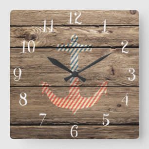 Hipster Stripes Anchor Rustic Wood Photo Print Square Wall Clock